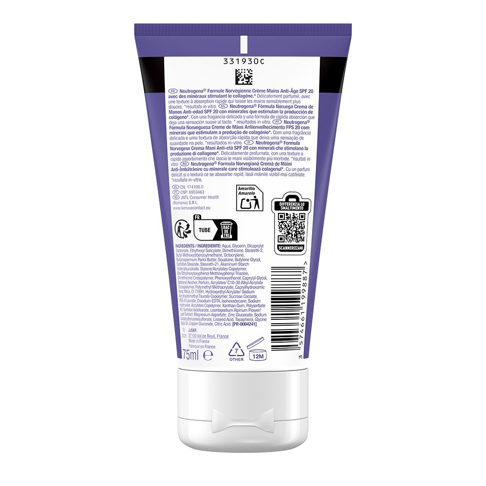 Dos du tube de crème pour les mains Neutrogena Anti-Âge. Texte multilingue. Ingrédients et code QR.