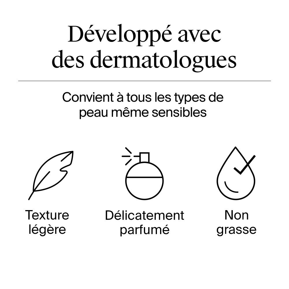 Icônes: Texture légère, parfum délicat, non gras. Développé avec des dermatologues.