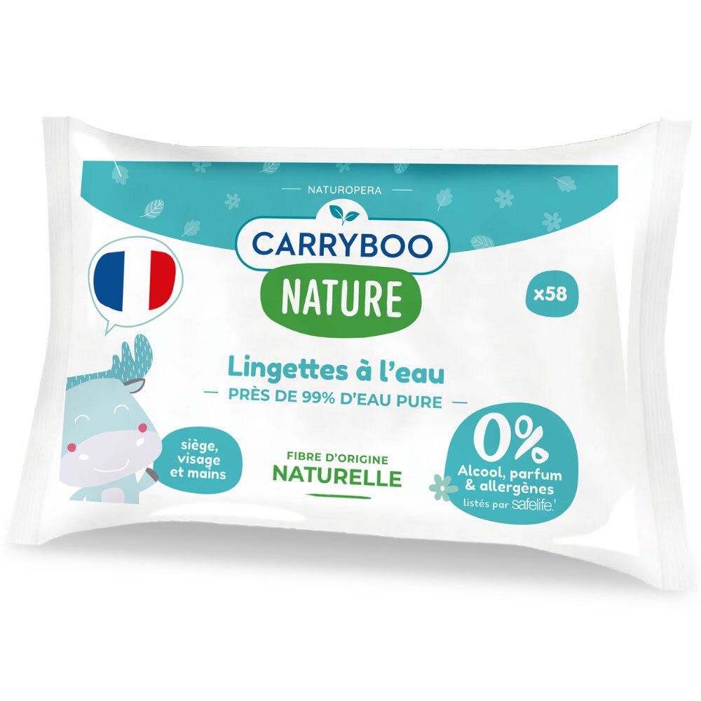 Lingettes Carryboo Nature x58. 99% eau pure, 0% alcool, parfum, allergènes. Fibres d'origine naturelle.