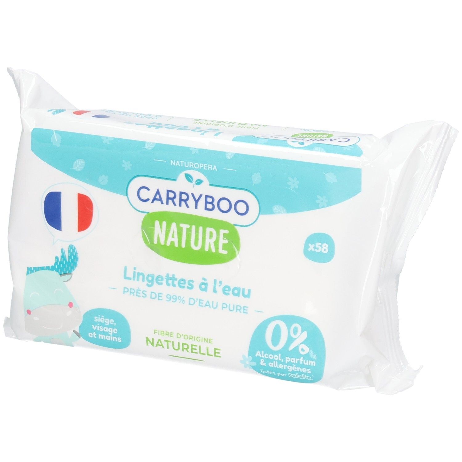 Lingettes Carryboo Nature x58. 99% eau pure, 0% alcool, parfum, allergènes. Fibres d'origine naturelle.