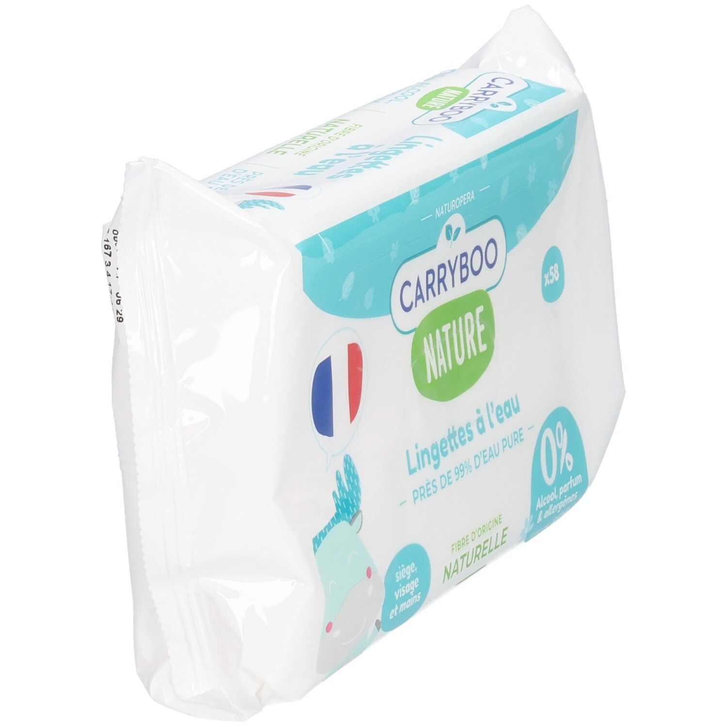 Lingettes Carryboo Nature x58. 99% eau pure, 0% alcool, parfum, allergènes. Fibres d'origine naturelle.