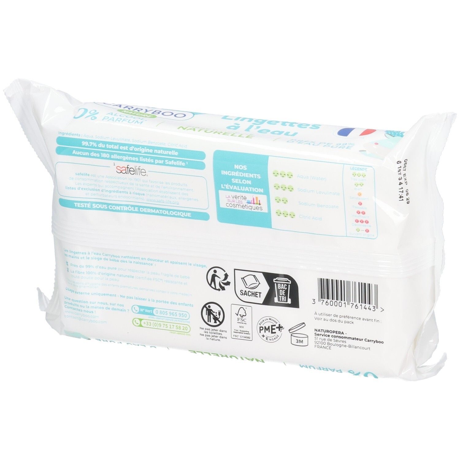 Lingettes Carryboo Nature x58. Dos de l'emballage avec ingrédients et certifications.