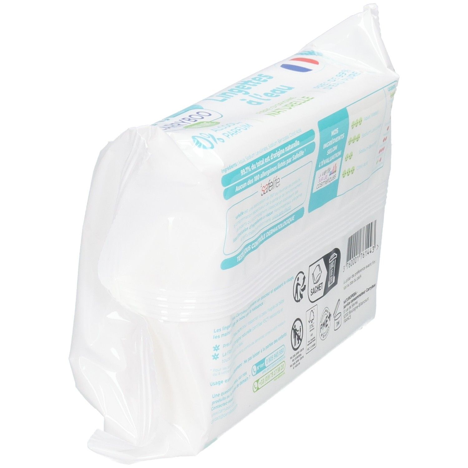 Lingettes Carryboo Nature x58. Vue latérale de l'emballage.
