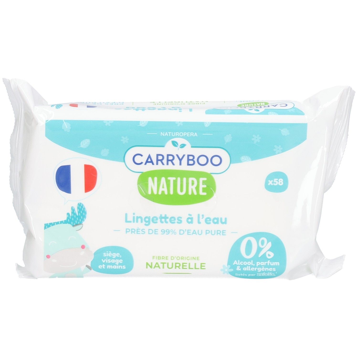 Lingettes Carryboo Nature x58. 99% eau pure, 0% alcool, parfum, allergènes. Fibres d'origine naturelle.