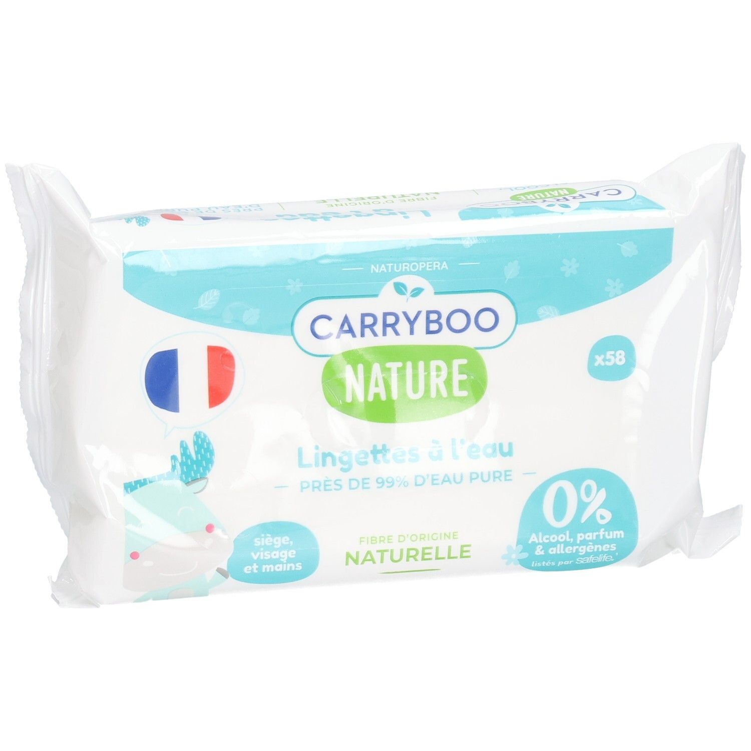 Lingettes Carryboo Nature x58. 99% eau pure, 0% alcool, parfum, allergènes. Fibres d'origine naturelle.