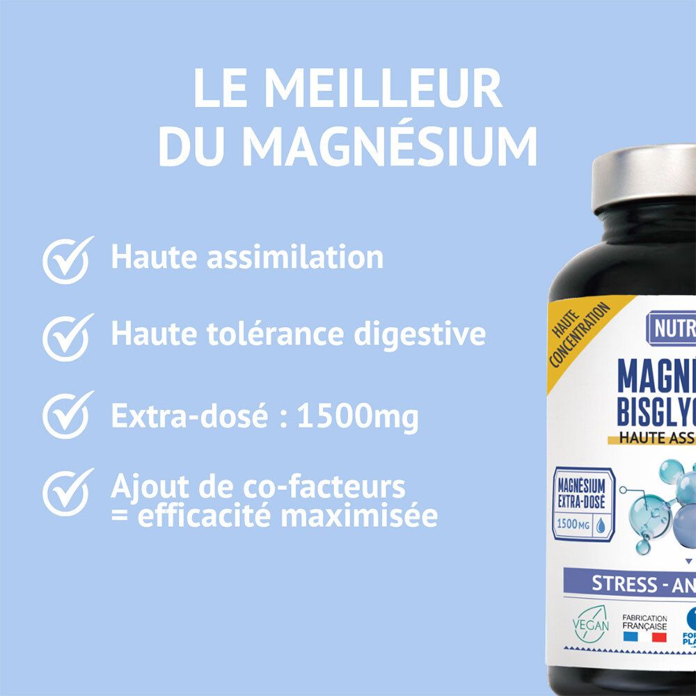 NUTRIVIE Magnesium Bisglycinate: Haute assimilation, haute tolérance digestive, 1500mg, avec co-facteurs.