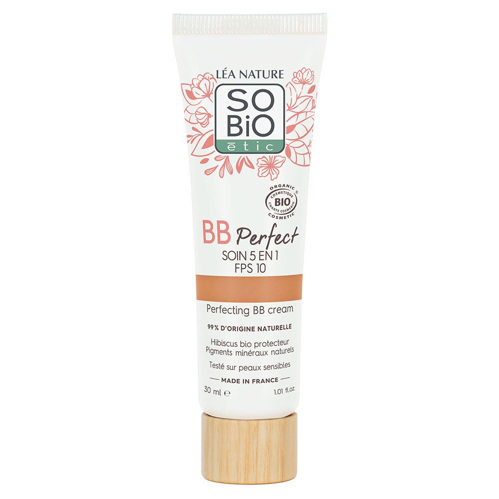 Tube de crème BB Perfect SO BIO étic. Teinte Medium. Certification bio. Bouchon couleur bois. Texte en français.