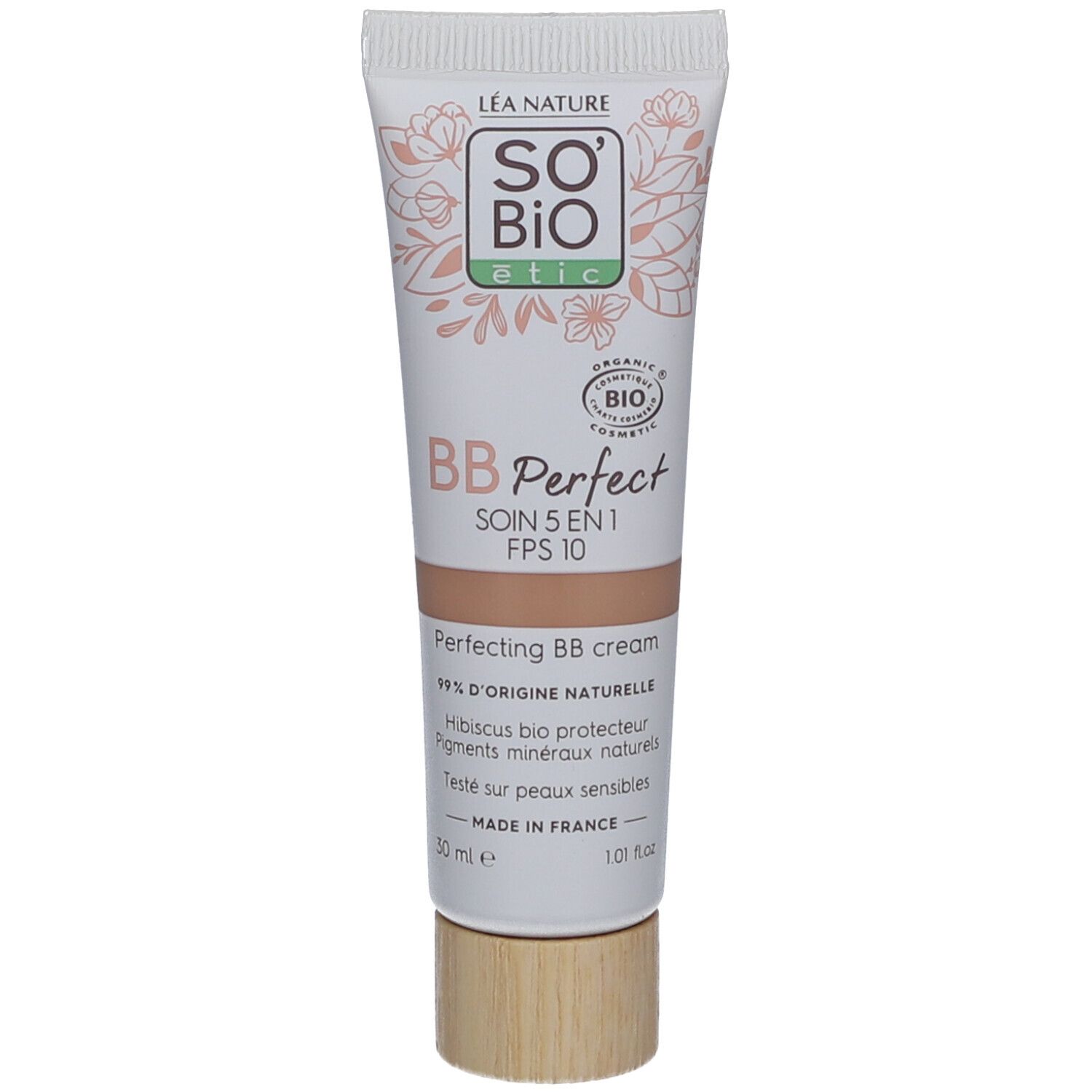 Tube de crème SO BIO ETIC BB Perfect, 5 en 1, FPS 10. Inscription: 99% d'origine naturelle. Certifié BIO.
