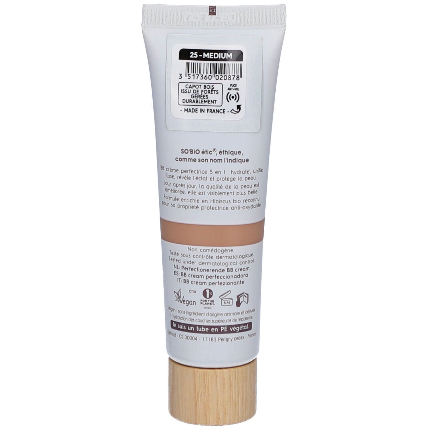 Dos du tube de crème. Inscription: SO BIO ETIC, 25-MEDIUM. Contient des informations et certifications.