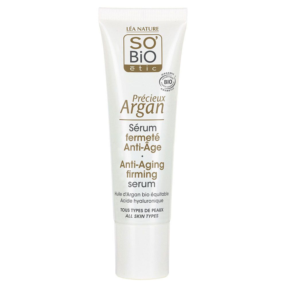 Tube blanc SO BIO ETIC Précieux Argan Sérum Fermeté Anti-Âge. Certification bio. Texte en français.