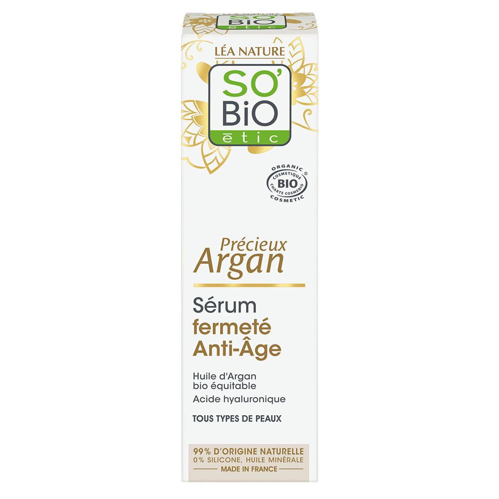 Emballage blanc SO BIO ETIC Précieux Argan Sérum Fermeté Anti-Âge. Certification bio. Texte en français.