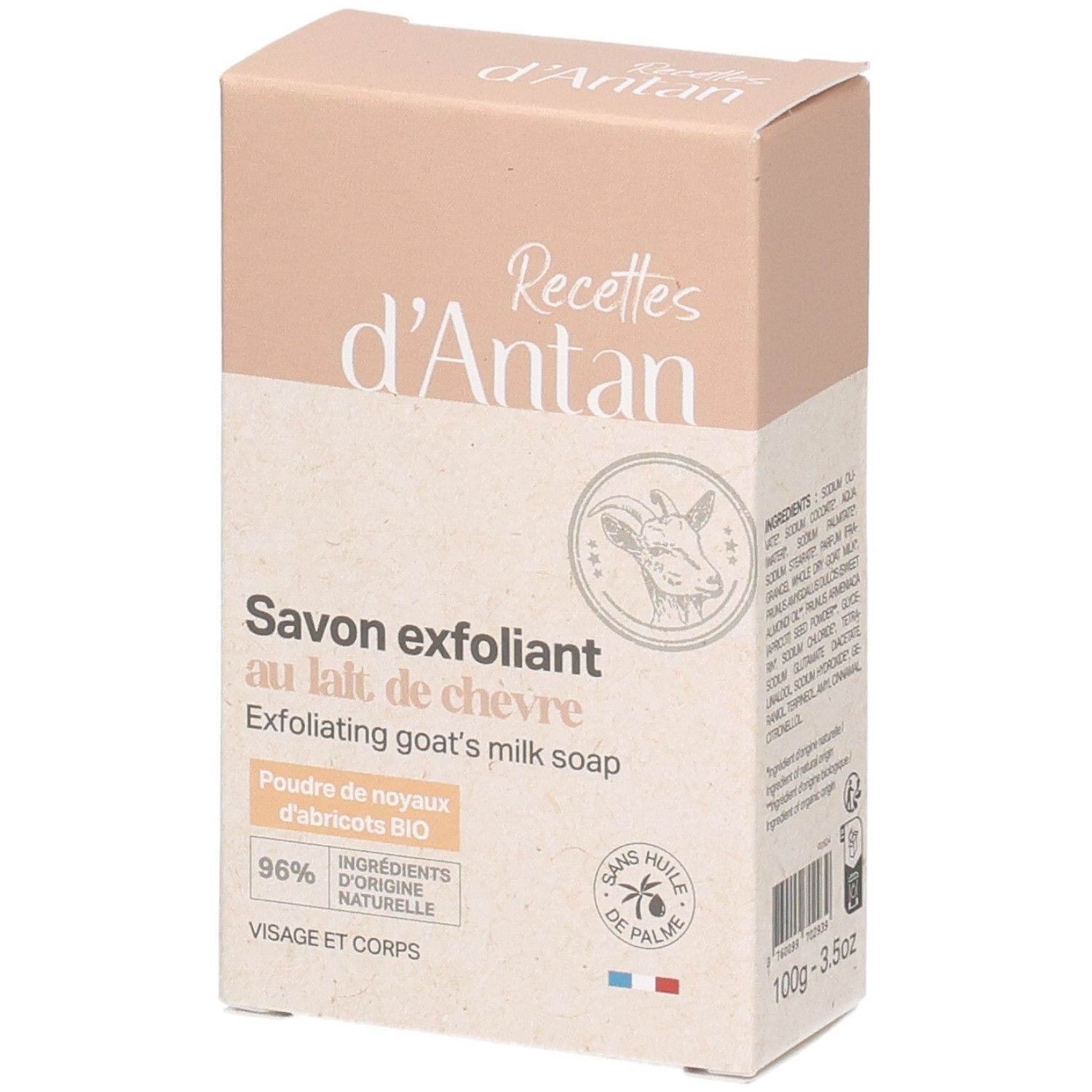 Emballage pour un savon exfoliant au lait de chèvre et poudre de noyaux d'abricots bio.