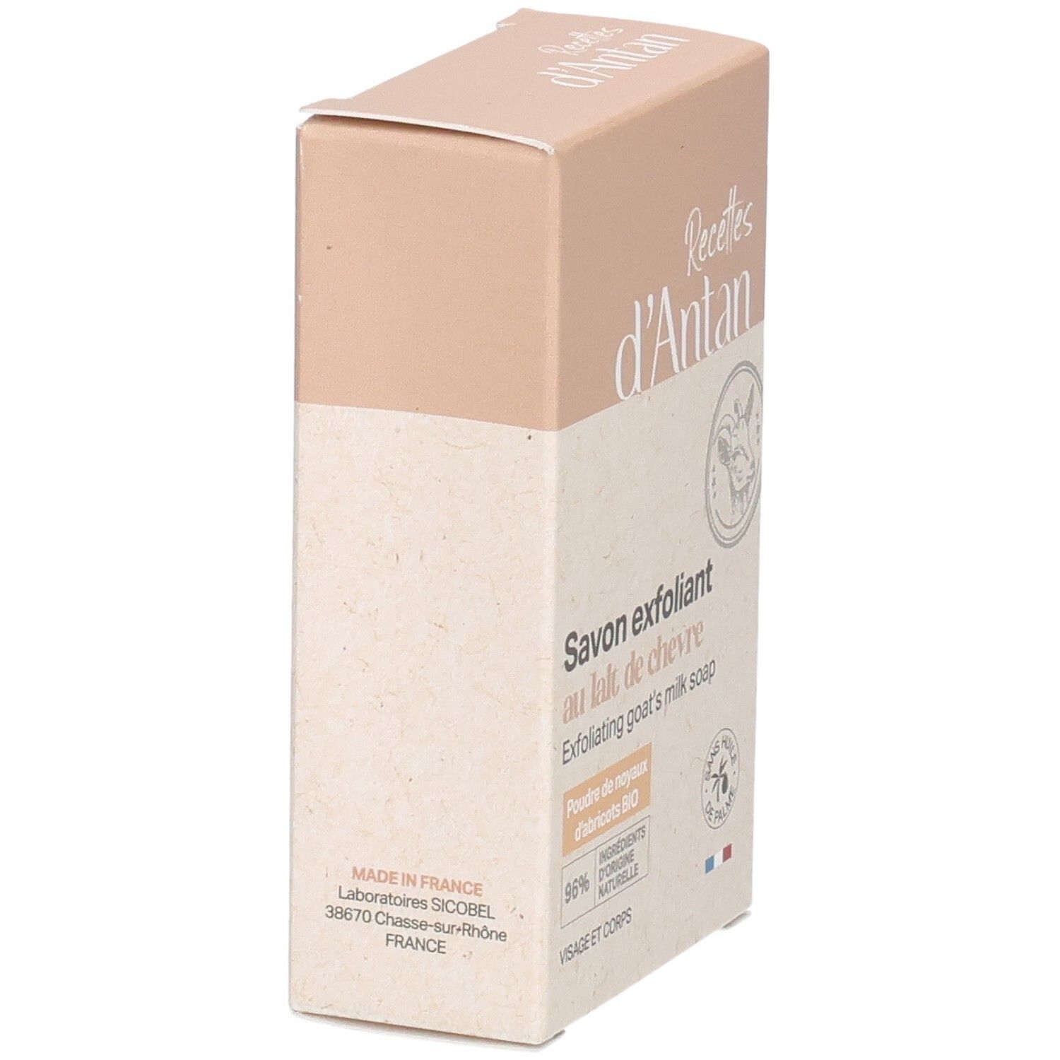 Arrière de l'emballage du savon au lait de chèvre, fabriqué en France.