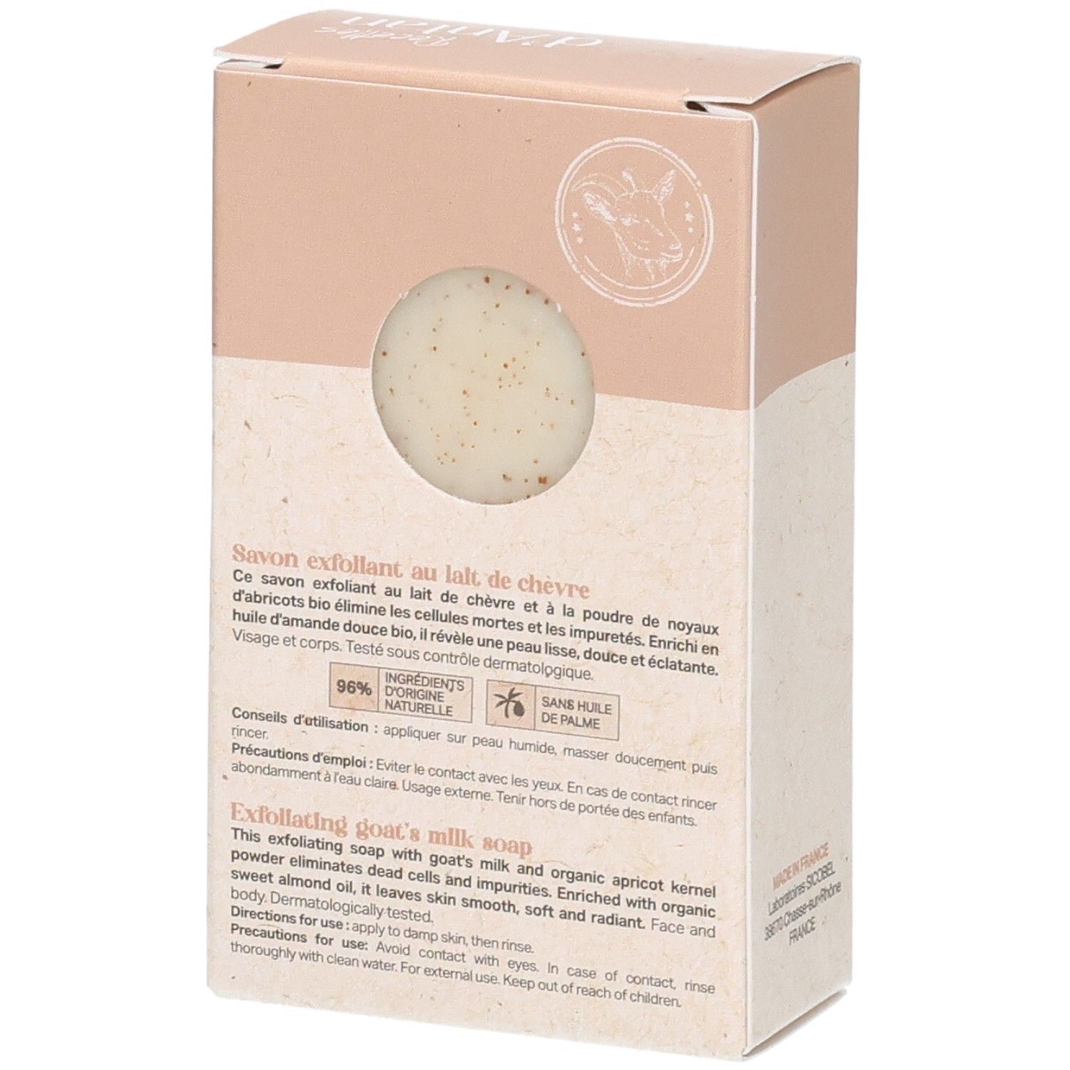 Emballage avec fenêtre montrant un pain de savon au lait de chèvre et noyaux d'abricots.
