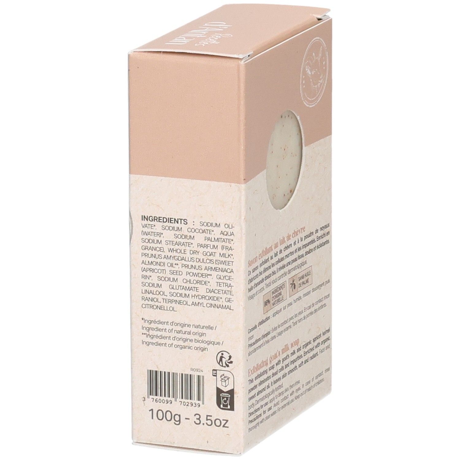 Vue latérale de l'emballage du savon au lait de chèvre avec liste d'ingrédients et poids.