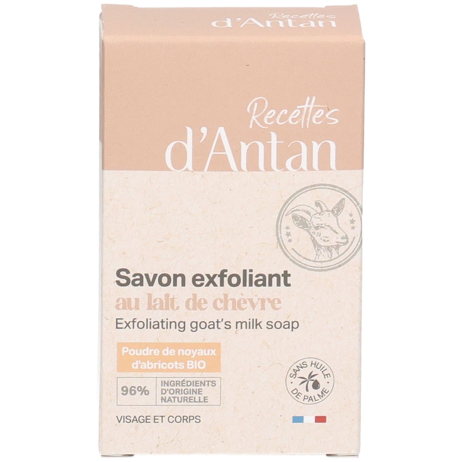 Face avant de l'emballage du savon au lait de chèvre, 96% d'ingrédients naturels.