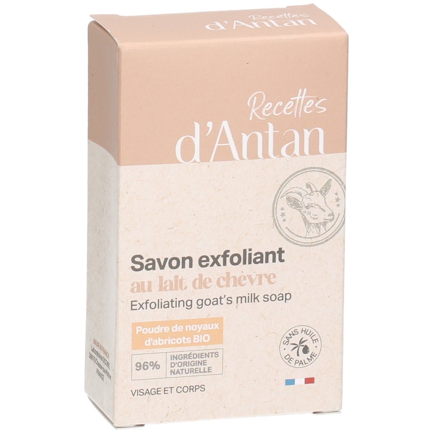 Emballage du savon au lait de chèvre avec logo 'Recettes d'Antan' et illustration de chèvre.
