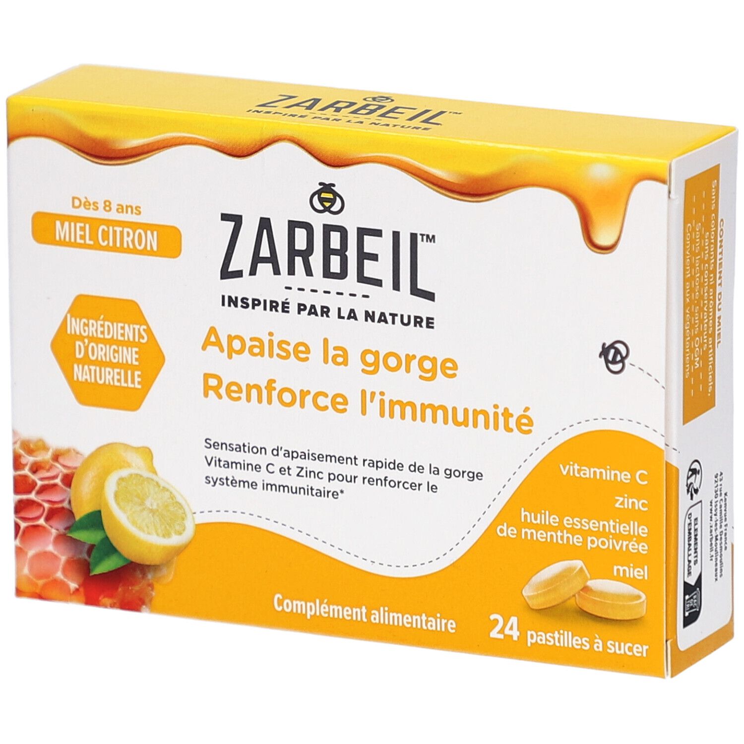 Boîte jaune avec nom du produit et inscription. Contient 24 pastilles. Motif citron et miel.