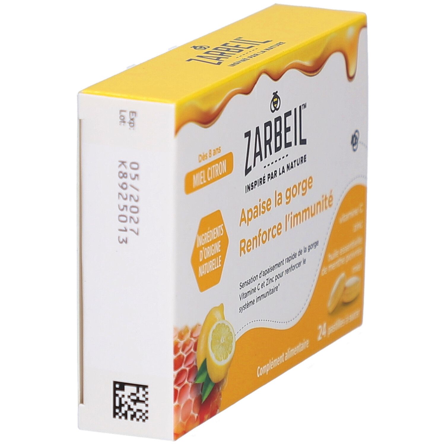 Boîte en biais. Nom du produit et inscription. Contient 24 pastilles. Avec code QR et date de péremption.