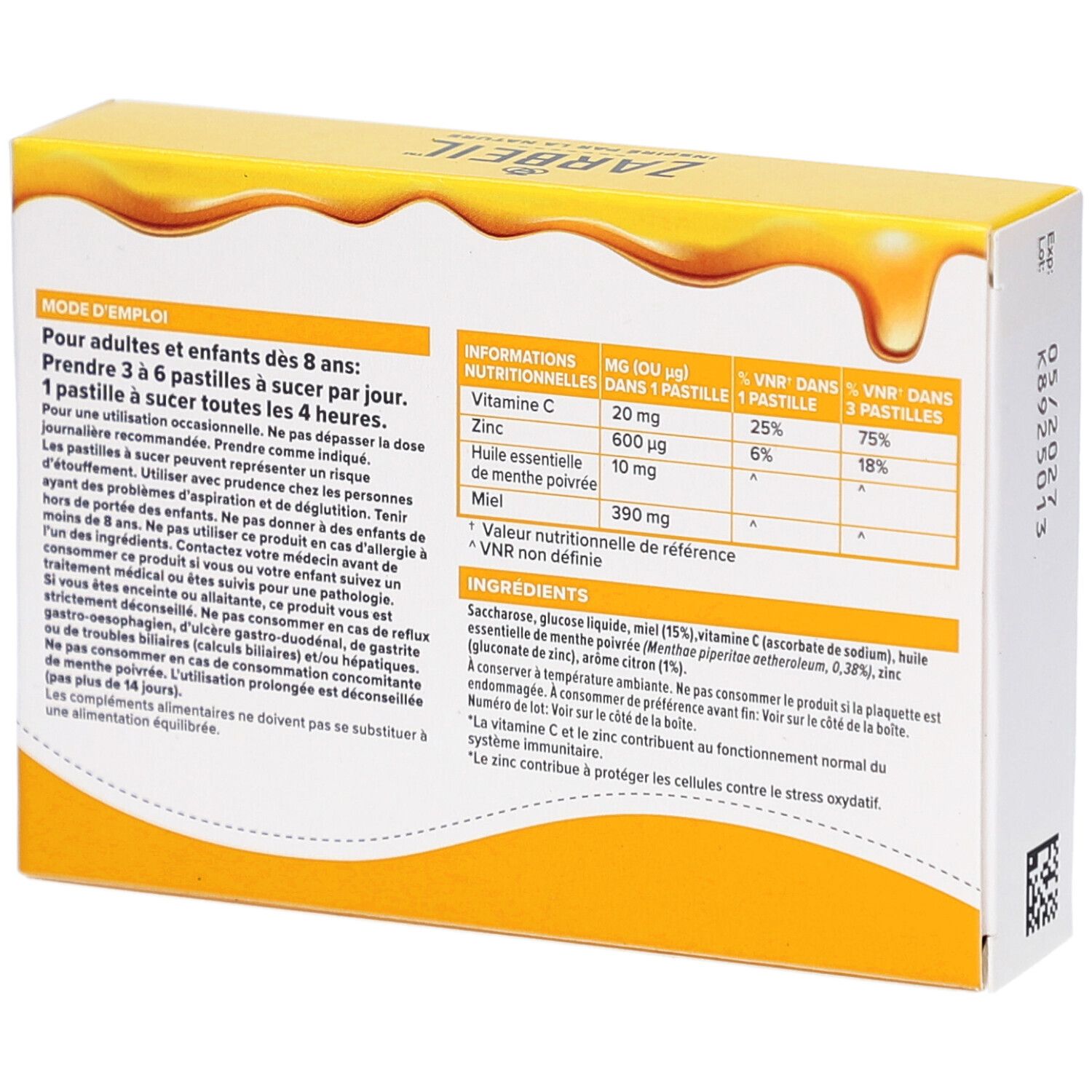 Dos de la boîte avec informations sur les ingrédients et l'utilisation. Contient des informations nutritionnelles.