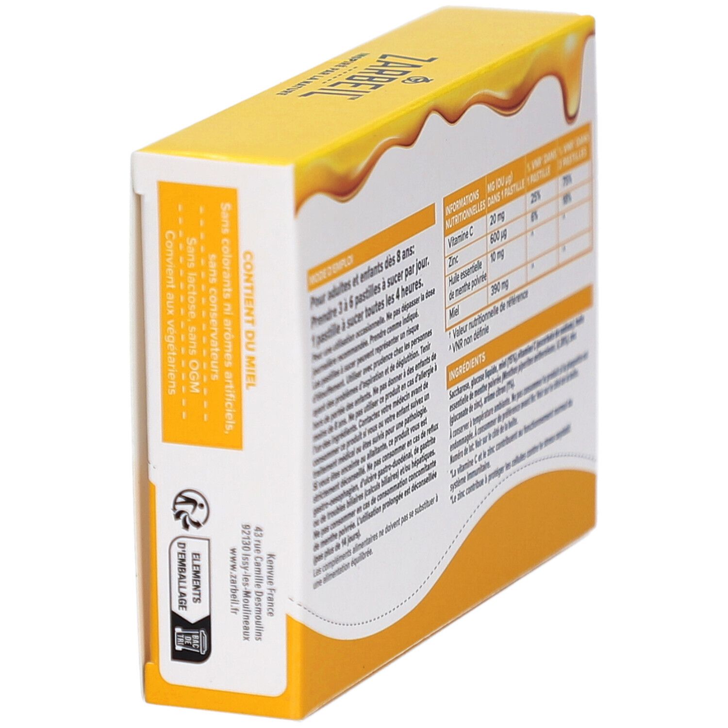 Boîte en biais. Contient des informations sur les ingrédients et l'utilisation. Avec texte.