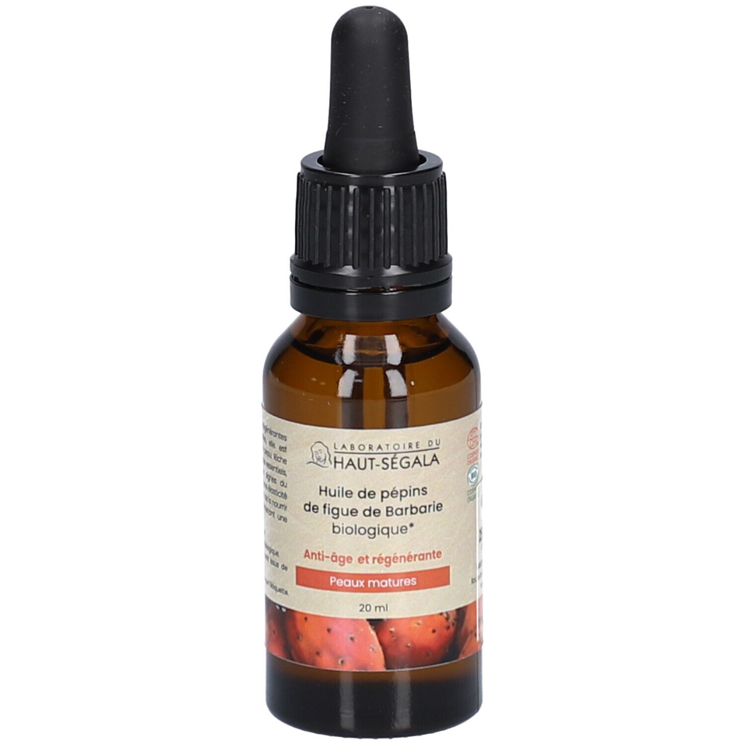 Flacon en verre brun avec compte-gouttes noir. Étiquette avec informations produit et logo. 20 ml.