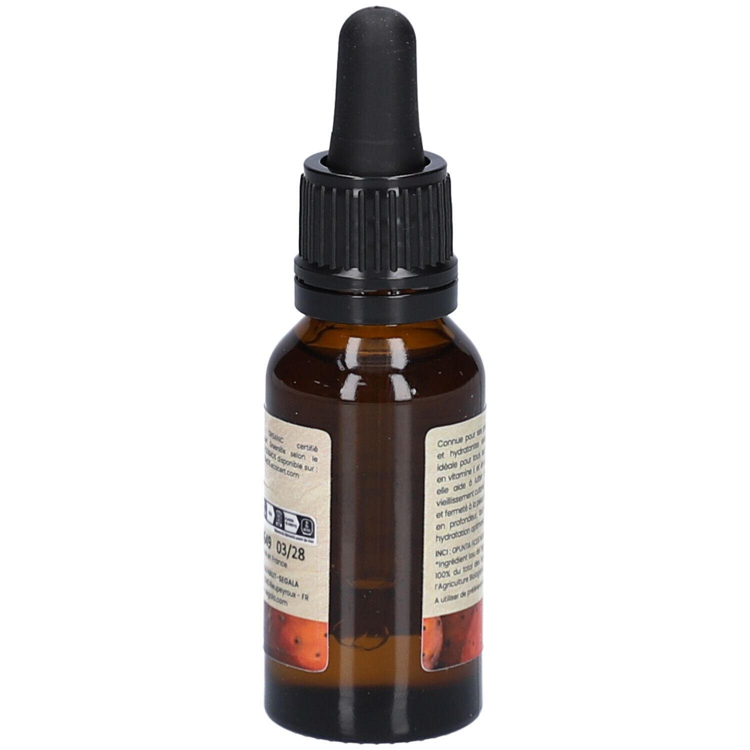 Flacon en verre brun avec compte-gouttes noir. Étiquette avec texte. Informations produit et logo. 20 ml.