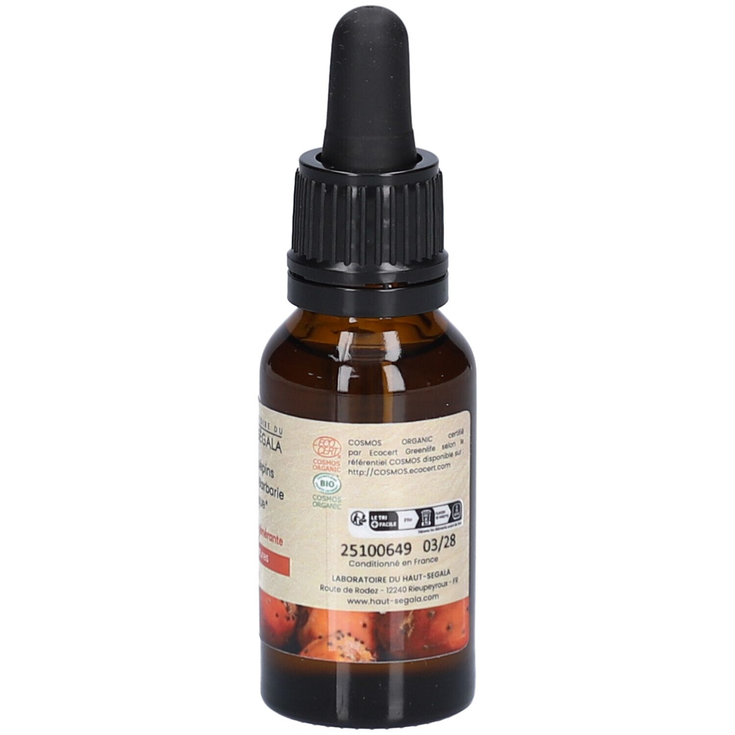 Flacon en verre brun avec compte-gouttes noir. Étiquette avec texte. Informations produit et logo. 20 ml. Date de péremption.