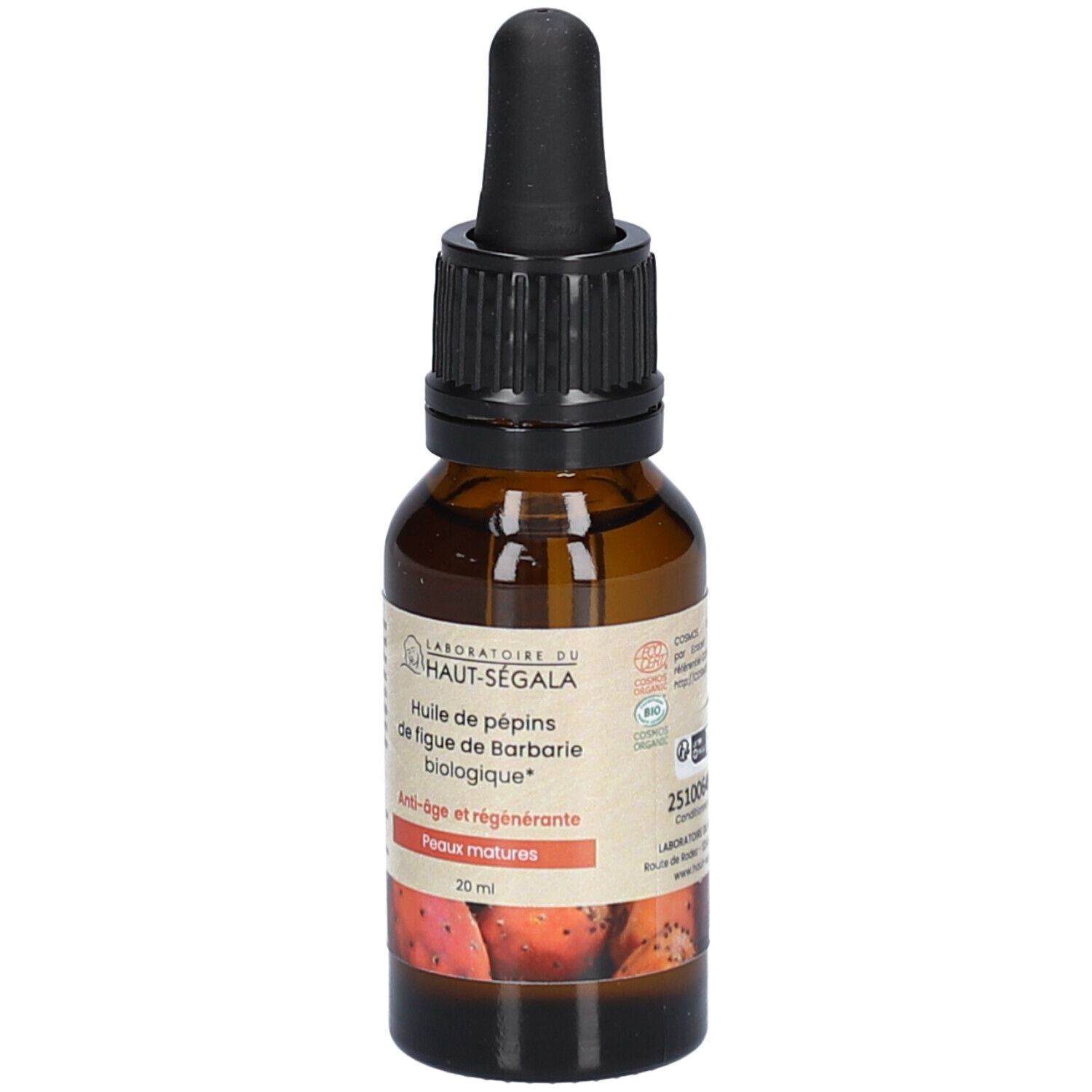 Flacon en verre brun avec compte-gouttes noir. Étiquette avec texte. Informations produit et logo. 20 ml.