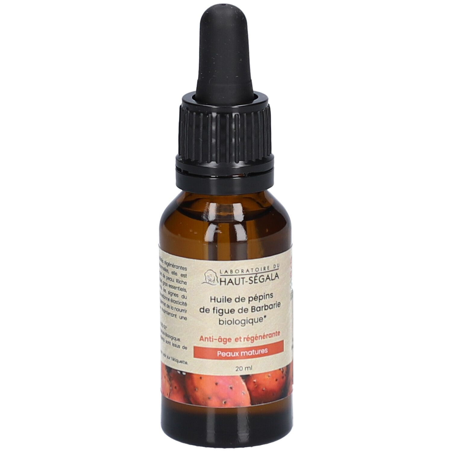 Flacon en verre brun avec compte-gouttes noir. Étiquette avec texte. Informations produit et logo. 20 ml.