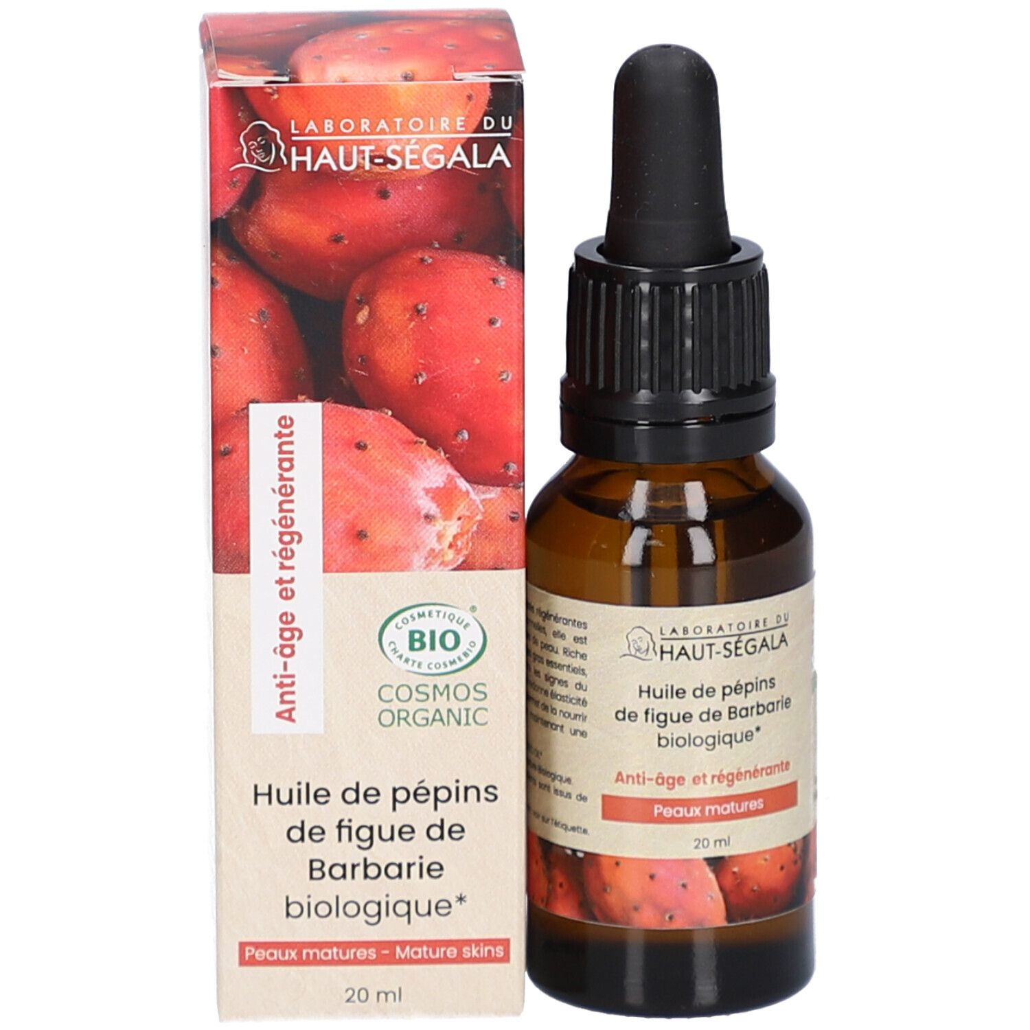 Flacon et emballage du produit. Flacon brun avec compte-gouttes noir. Emballage avec logo et texte. 20 ml.