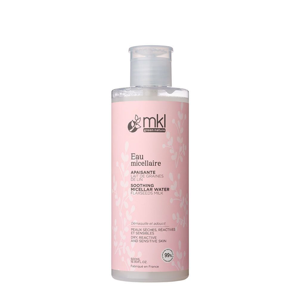Flacon rose avec bouchon blanc. Inscription: EAU MICELLAIRE APAISANTE. Marque: mkl green nature. 99% ingrédients d'origine naturelle.
