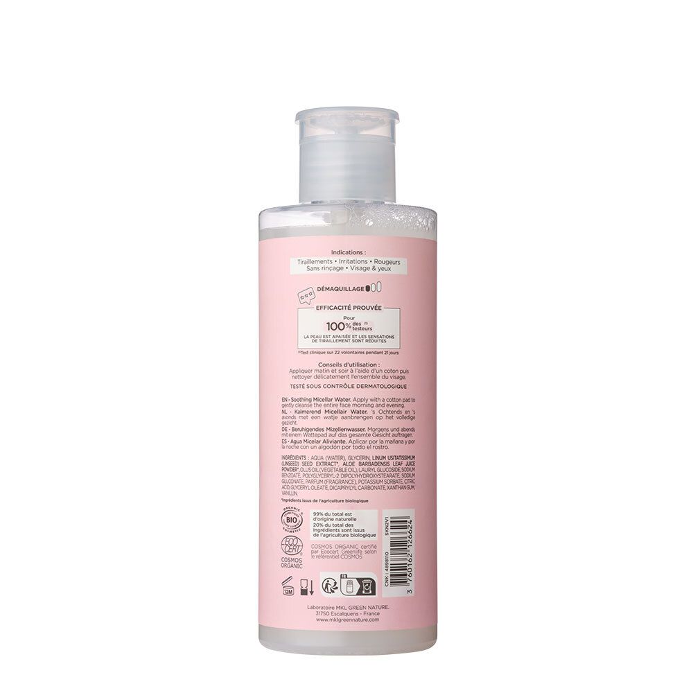 Dos du flacon rose. Texte: Efficacité 100% prouvée. Testé dermatologiquement. Ingrédients et certifications.