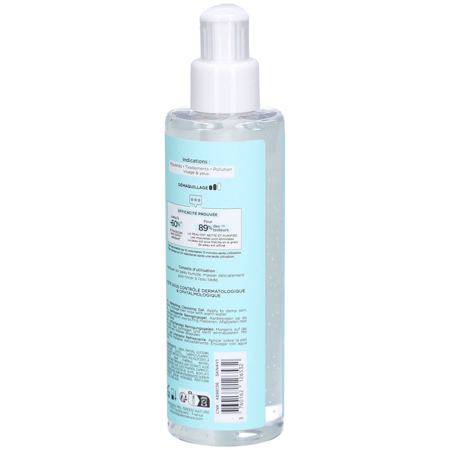 Dos d'un flacon transparent avec pompe blanche. Étiquette avec informations produit et logo.