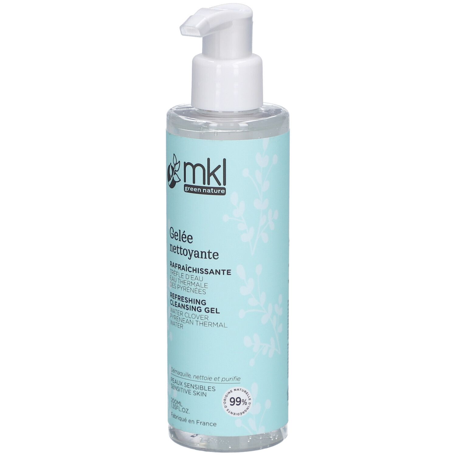 Flacon transparent avec pompe blanche. Étiquette avec nom du produit et logo. Texte: Gelée nettoyante rafraîchissante.