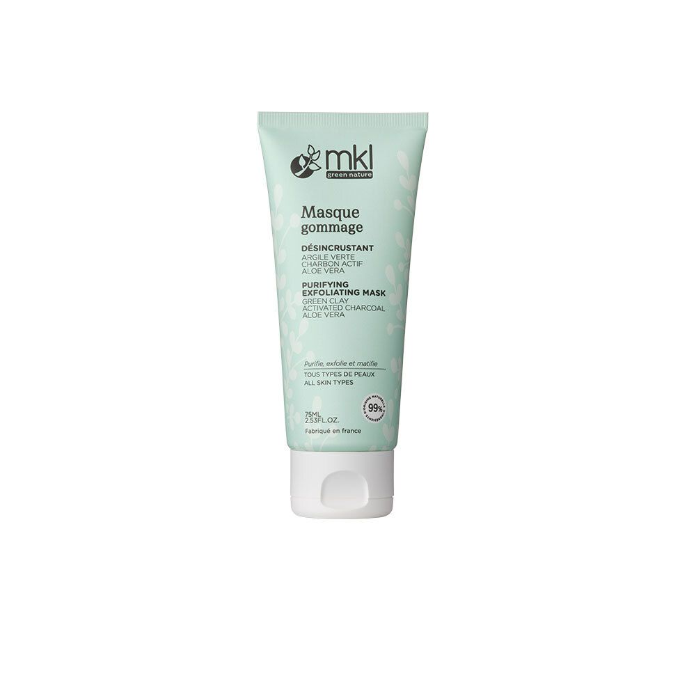 Tube vert avec bouchon blanc. Inscription: MKL Green Nature, Masque gommage Désincrustant, Purifying Exfoliating Mask.