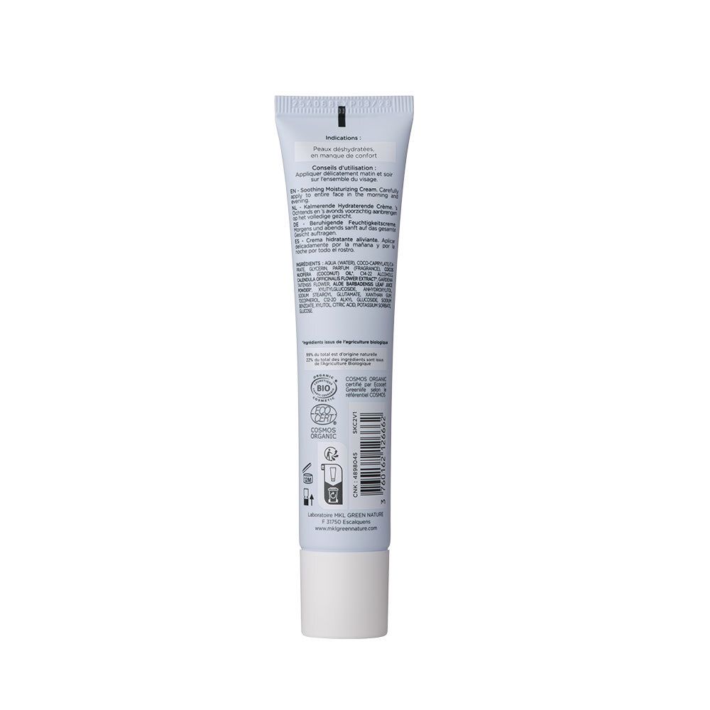 Dos du tube de crème. Contient des informations sur les ingrédients et l'utilisation. Avec certifications bio.