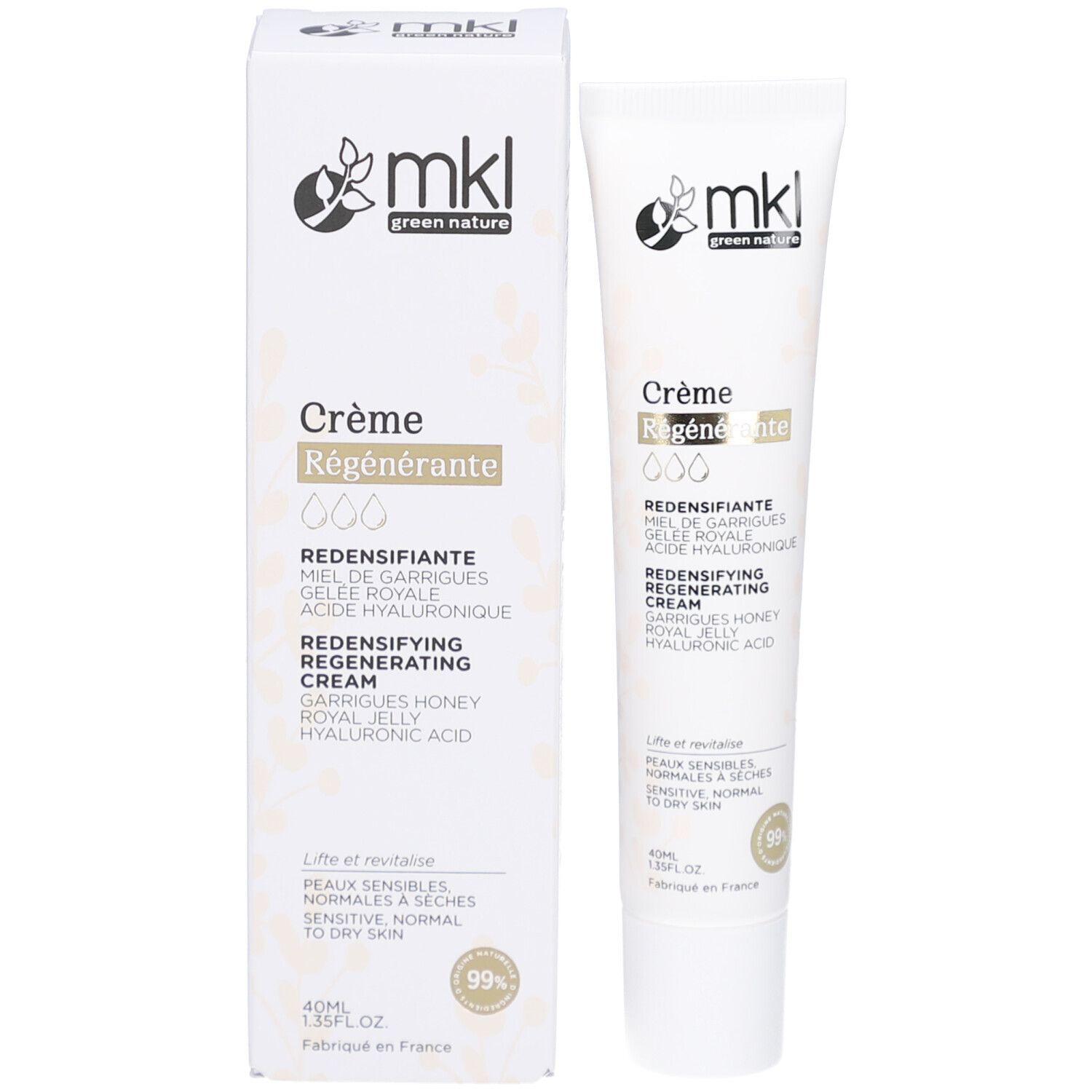 Emballage du produit avec tube de crème. Contient le nom du produit et le logo. Contient 40ml.