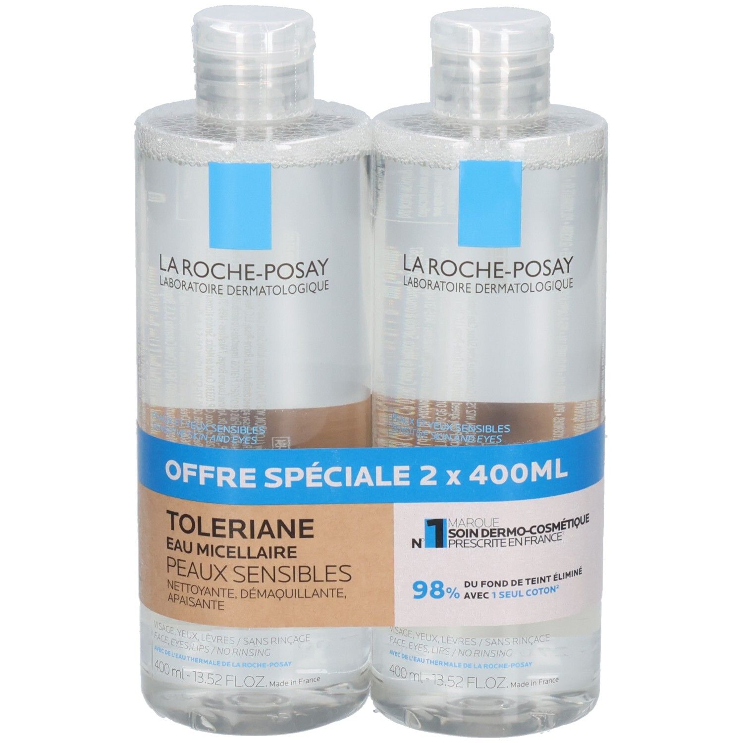 Deux flacons La Roche-Posay Toleriane Eau Micellaire, 400ml chacun. Pour peaux sensibles.