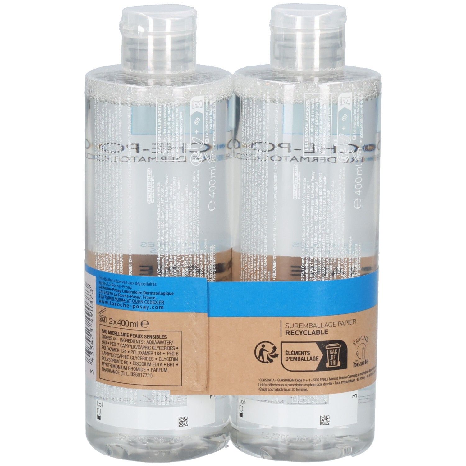 Dos de deux flacons La Roche-Posay Toleriane Eau Micellaire, 400ml. Avec liste des ingrédients.