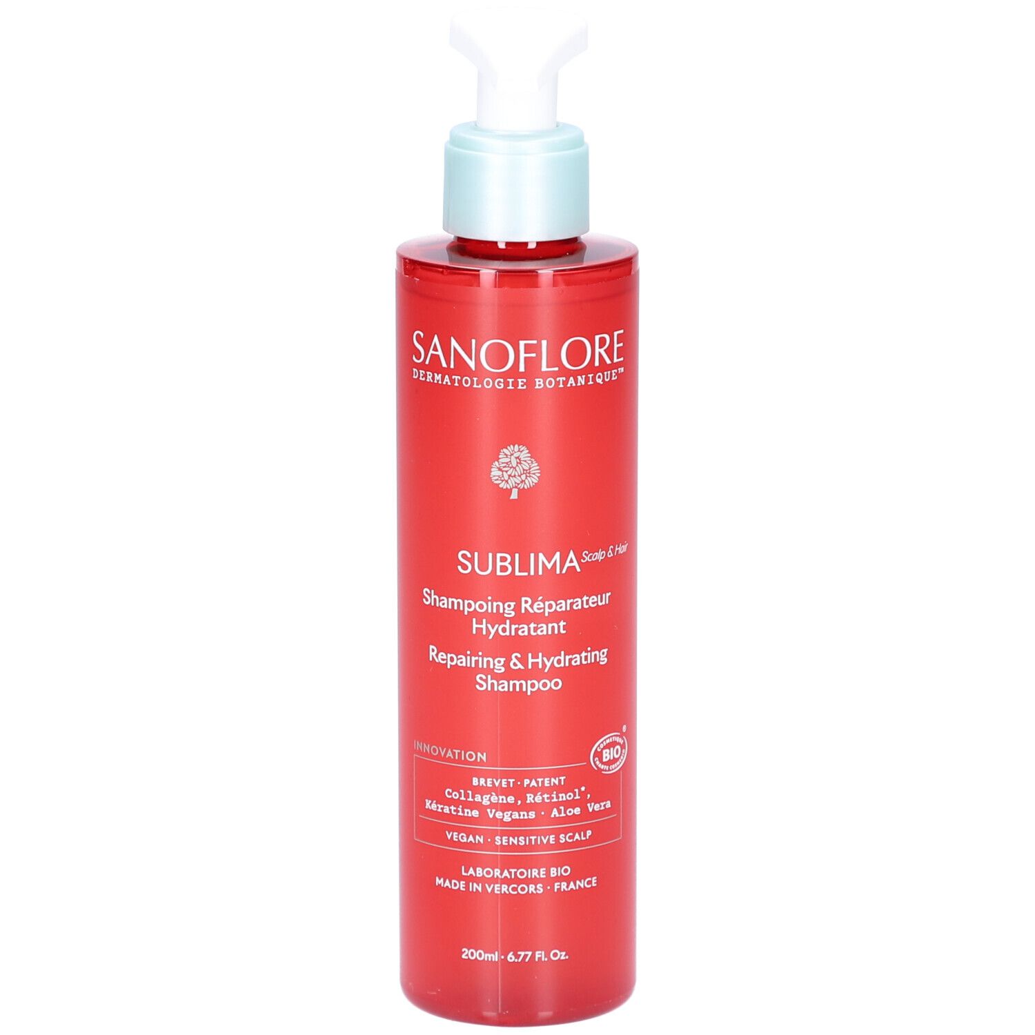 Flacon rouge avec pompe blanche. Inscriptions: SANOFLORE, SUBLIMA, Shampoing Réparateur Hydratant. Label bio.