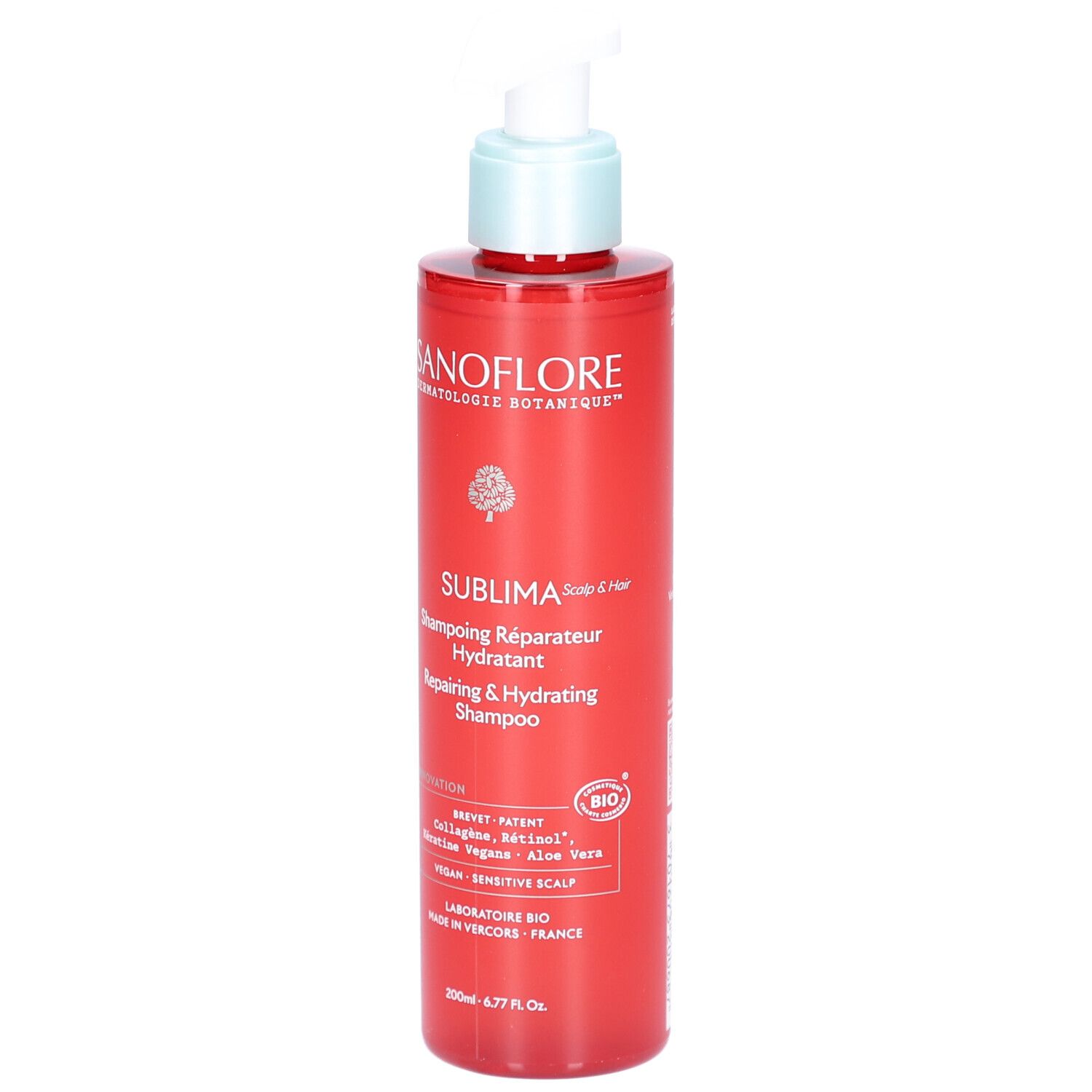 Flacon rouge avec pompe blanche. Inscriptions: SANOFLORE, SUBLIMA, Shampoing Réparateur Hydratant. Label bio.
