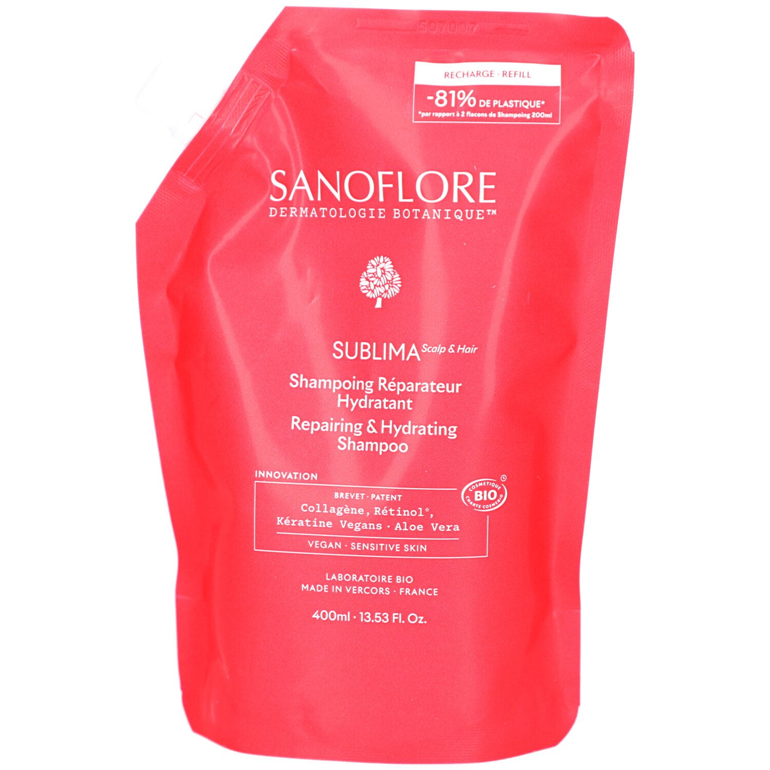 Recharge rouge. Inscription: SANOFLORE, Sublima, Shampoing Réparateur Hydratant. Label Bio. Texte: Vegan, Peau sensible.