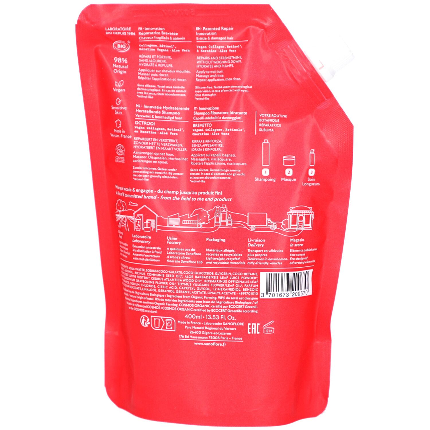 Dos de la recharge rouge. Texte et illustrations. Label Bio. Texte: 98% ingrédients naturels, Vegan.