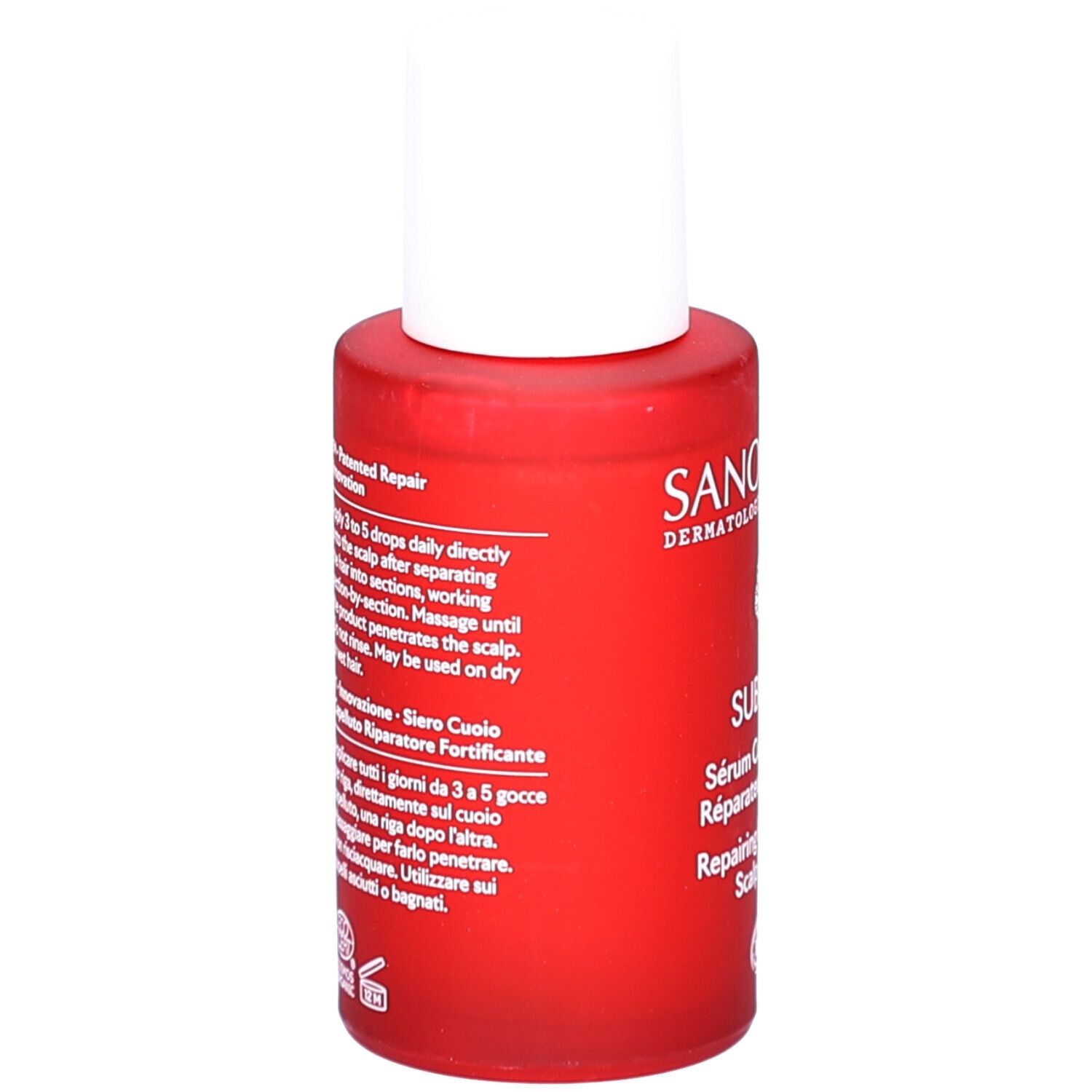 Flacon rouge avec bouchon blanc. Texte multilingue. Informations et instructions sur le produit.