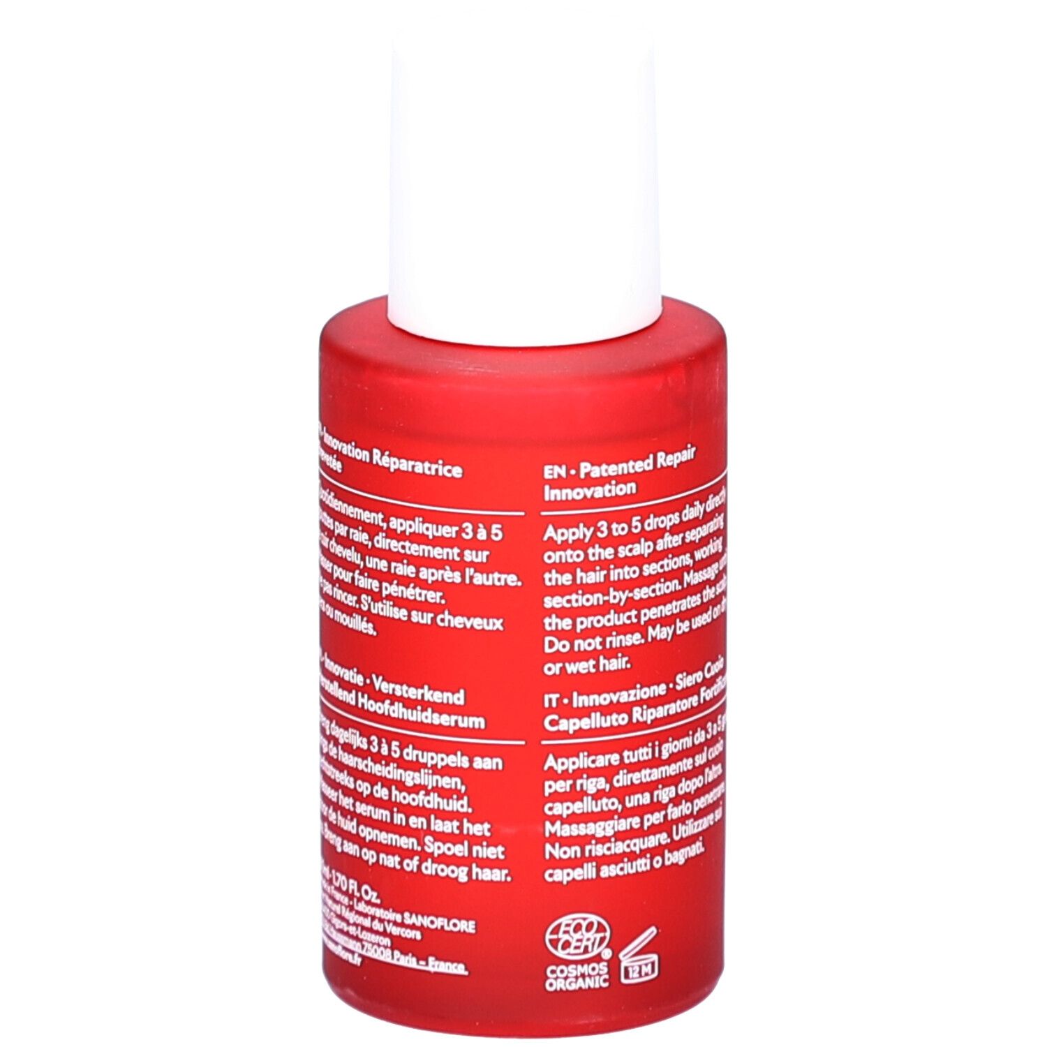 Flacon rouge avec bouchon blanc. Texte multilingue. Informations et instructions sur le produit.