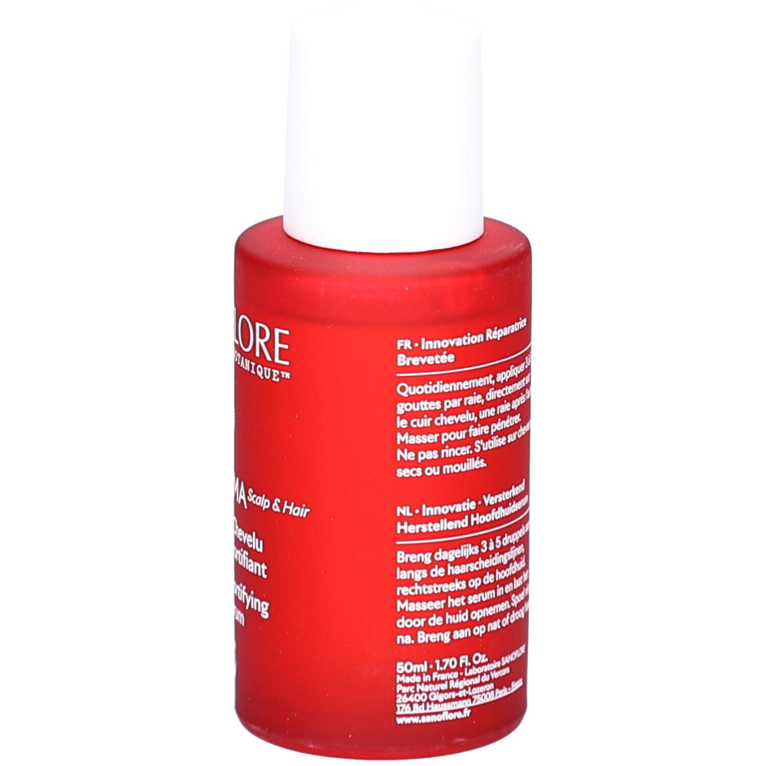 Flacon rouge avec bouchon blanc. Texte multilingue. Informations et instructions sur le produit.