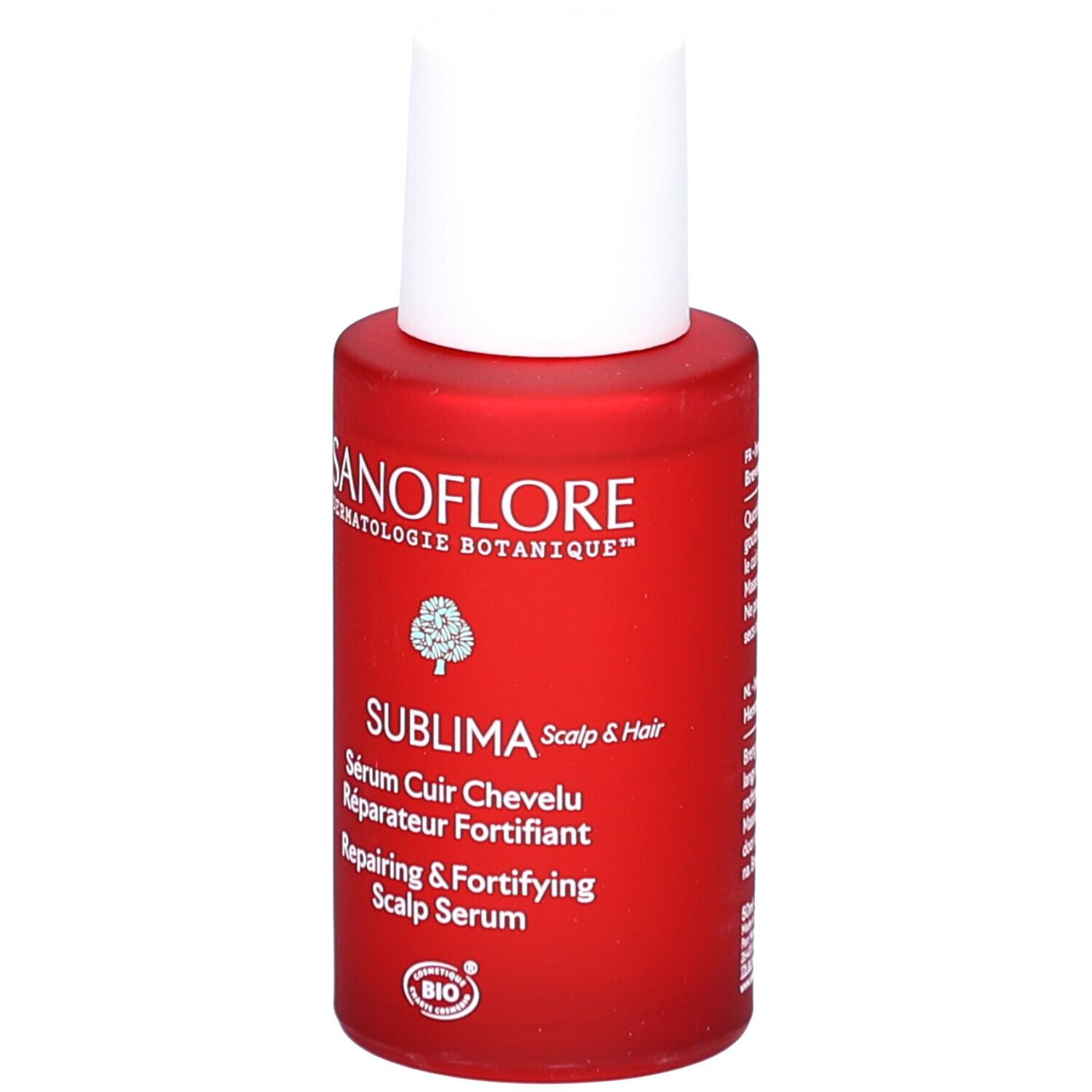 Flacon rouge avec bouchon blanc. Inscription: SANOFLORE, SUBLIMA, Sérum Cuir Chevelu Réparateur Fortifiant, Repairing & Fortifying Scalp Serum.