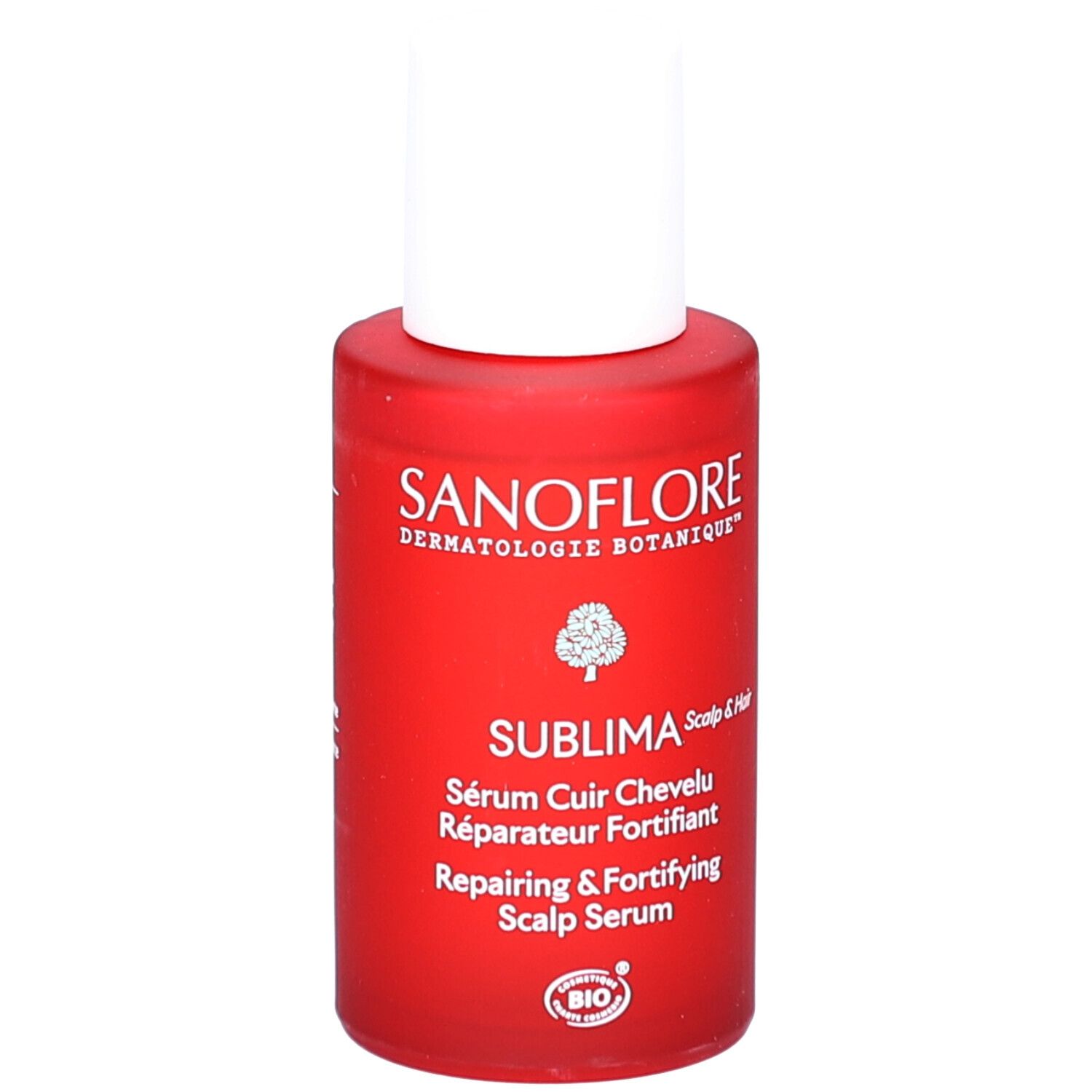 Flacon rouge avec bouchon blanc. Inscription: SANOFLORE, SUBLIMA, Sérum Cuir Chevelu Réparateur Fortifiant, Repairing & Fortifying Scalp Serum.