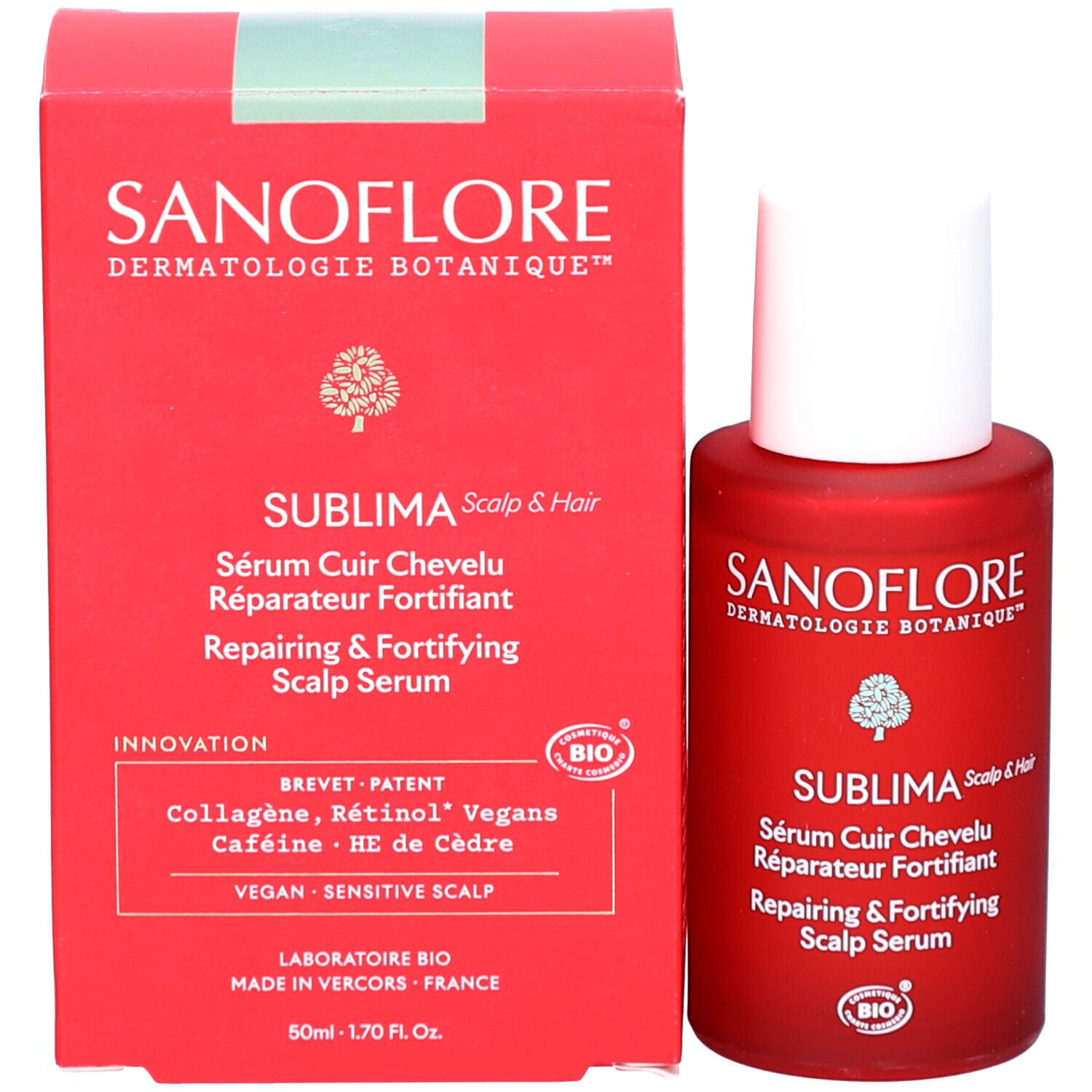 Flacon et emballage. Flacon rouge avec bouchon blanc. Inscription: SANOFLORE, SUBLIMA, Sérum Cuir Chevelu Réparateur Fortifiant.